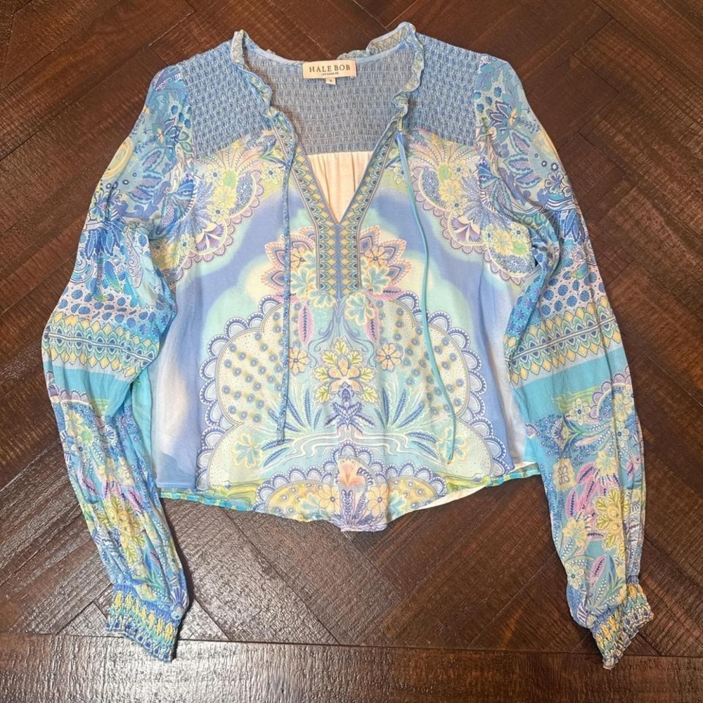Hale Bob Silk Blend Boho Blouse S Blue Paisley Flowy Spring Top